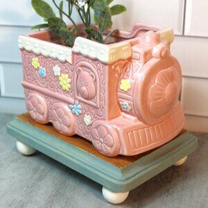 Vintage Pink Ceramic Train Napco Baby Planter Plant Holder Vase Bunny Bear